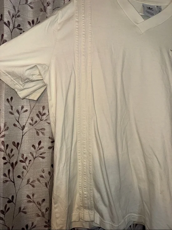 adidas Men’s Loose Fot Cream V-Neck Tee with Subtle Trefoil Embroidery - Picture 2 of 4